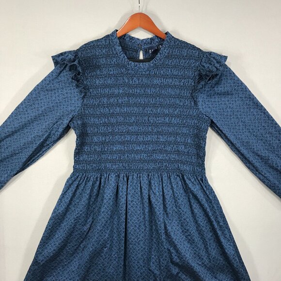 GAP Dress Women's XL Blue Floral Pullover Mini Smocked Ruffle Sleeve Pockets - Picture 11 of 16